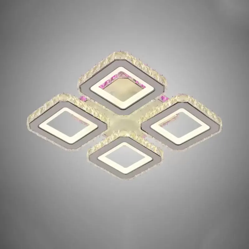 Lustra LED cu telecomanda si cristal BLAKELY RGB 74W, 4 Patrate, lumina Rece/Calda/Neutra, Dimabila, Alb