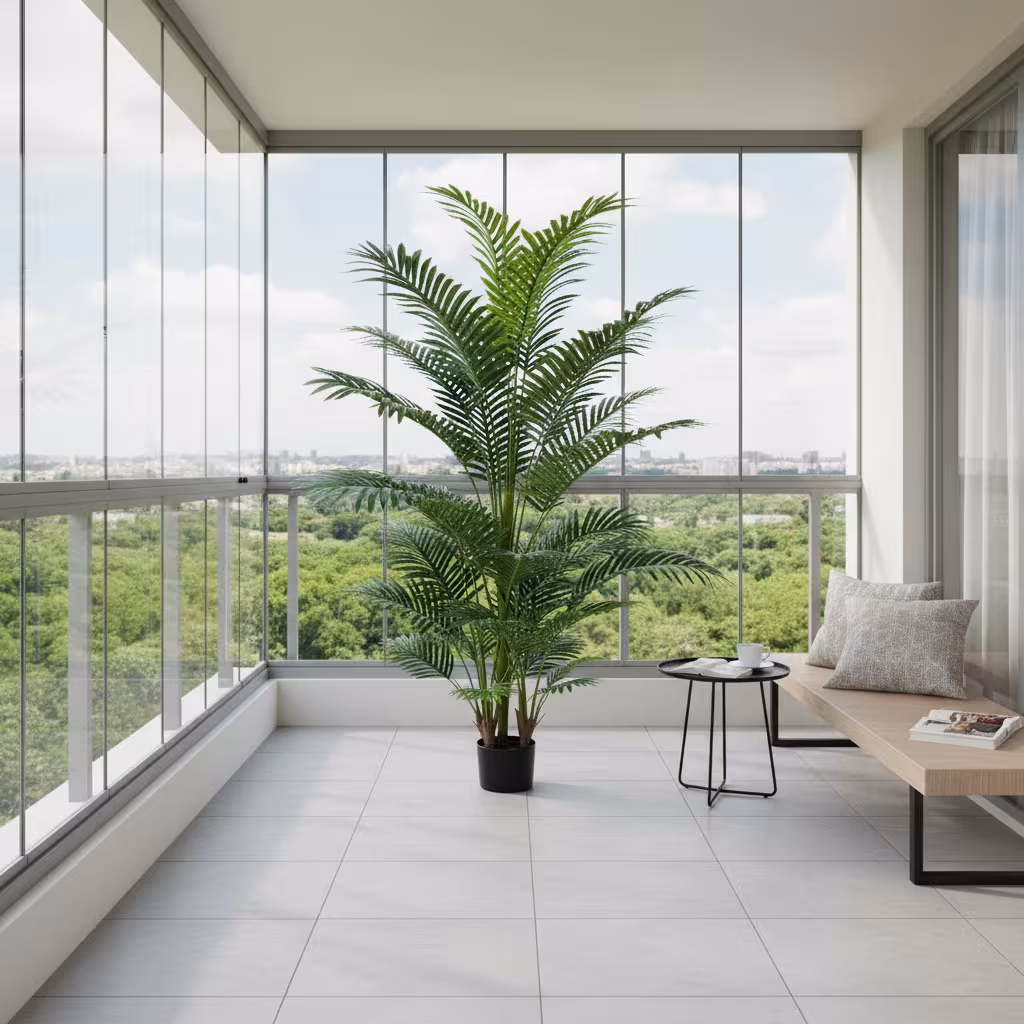 Planta Artificiala Copac Tip Palmier Kentia, 3 tulpini, 30 frunze, 190 cm, Verde, cu Ghiveci