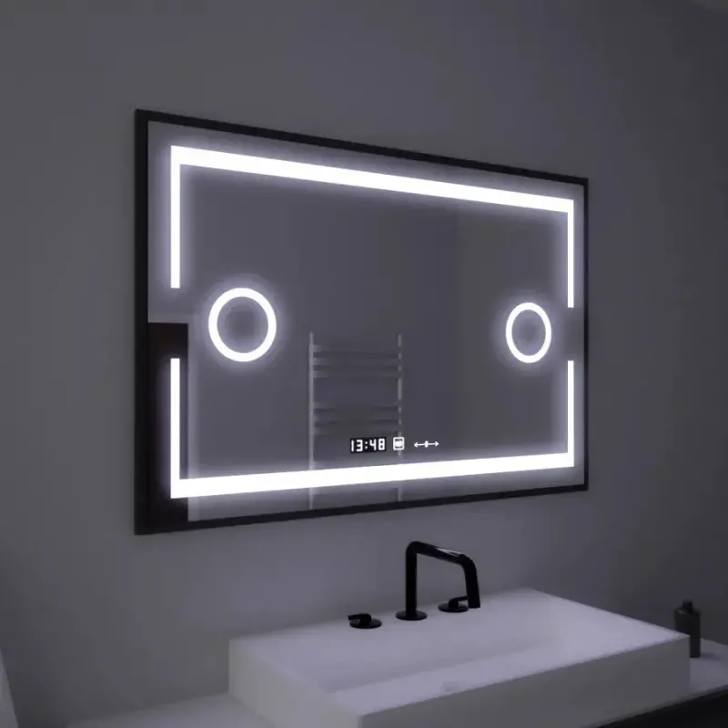Oglinda LED Rectangulara, 120x80cm, Senzor MotionGlow Marcello, Sistem Dezaburire, Ceas & Termometru, Lupa Cosmetica, Dimabila