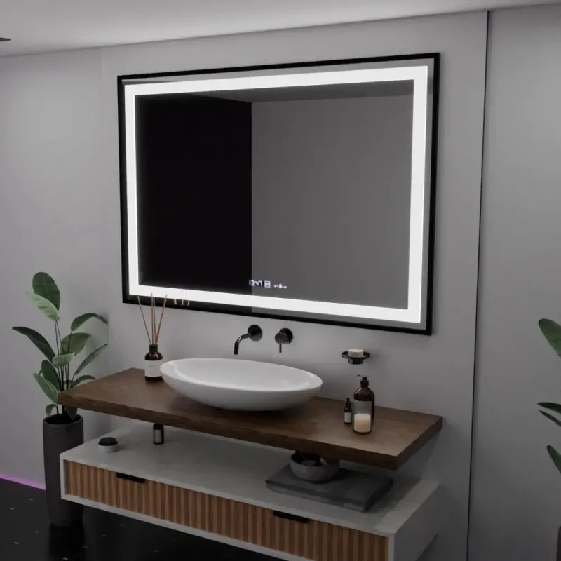 Oglinda LED Rectangulara, 100x70cm, Verite Majeste Noir Motion Glow Marcello, Sistem Dezaburire, Ceas & Termometru, Dimabila