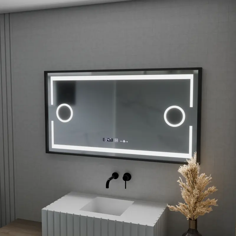 Previzualizare 3: Oglinda LED Senzor MotionGlow Domingo cu functie Dezaburire Termometru Ceas 120x65 cm Lumina Rece/Calda/Neutra Dimabila, Rama Negru Brushed, colectia Marcello Funghi