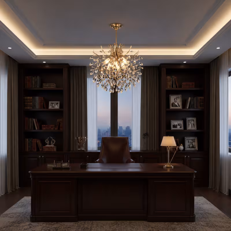 Candelabru Cristal PROWES Eleganza, 8xE14, D50 cm, Auriu, Inaltime Reglabila, Metal si Cristal