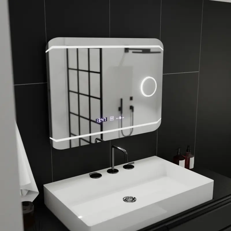 Oglinda LED Rectangulara, 80x60cm, Stile MotionGlow Marcello, Sistem Dezaburire, Ceas & Termometru, Lupa Cosmetica, Dimabila