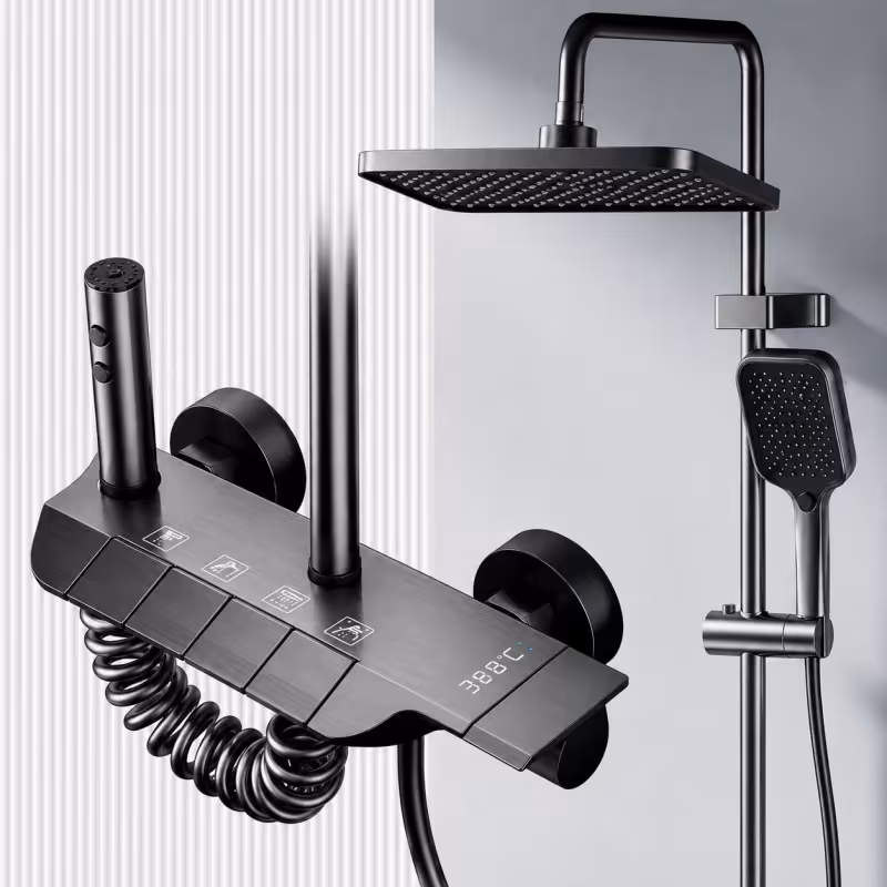 Coloana de dus ATID, Metal, Para Patrata, Efect Ploaie, 3 Functii, Montare Pe Perete, Negru, Accesorii Incluse