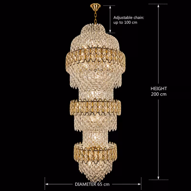 Previzualizare 4: Candelabru Cristal TRIO Magno 49xE14, Diametru 65cm, Inaltime 200cm, Auriu Lucios, Inaltime Reglabila, Design Elegant