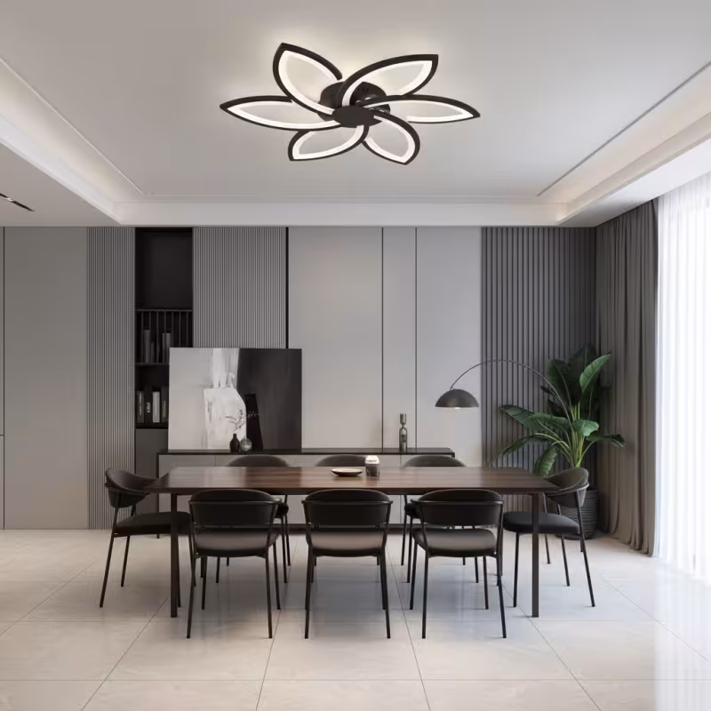 Previzualizare 2: Lustra LED cu telecomanda si cristal FLORA 82W, 6 Petale, lumina Rece/Calda/Neutra, Dimabila, Negru
