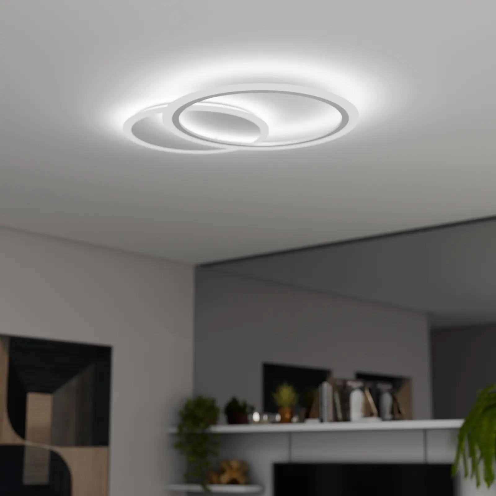 Lustra LED cu telecomanda LUCY 27W, 2 Cercuri, lumina Rece/Calda/Neutra, Dimabila, Alb, Metal si Acril