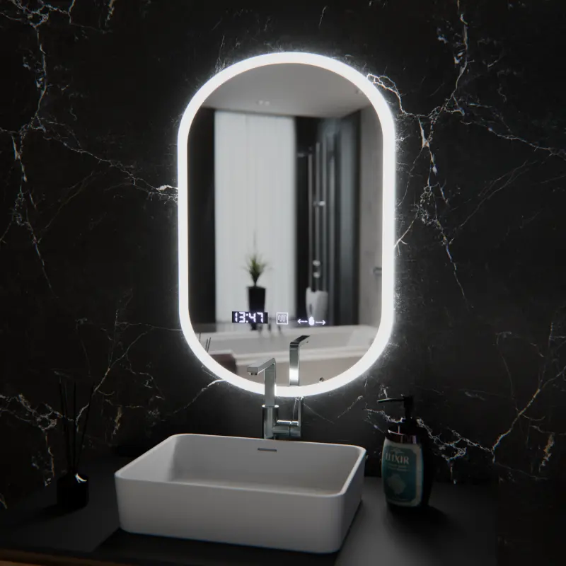 Oglinda LED Ovala, 50x80cm, Lucia Senzor Marcello, Sistem Dezaburire, Ceas & Termometru, Dimabila