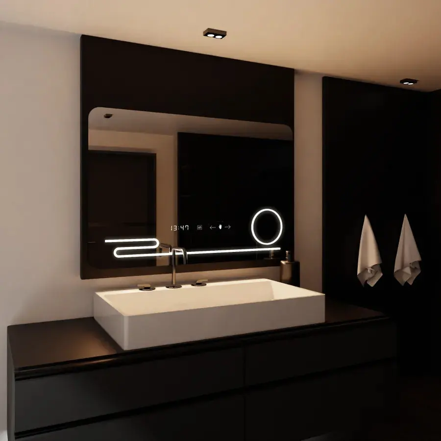 Oglinda LED Rectangulara, 120x80cm, Harmonie MotionGlow Marcello, Sistem Dezaburire, Ceas & Termometru, Lupa Cosmetica, Dimabila