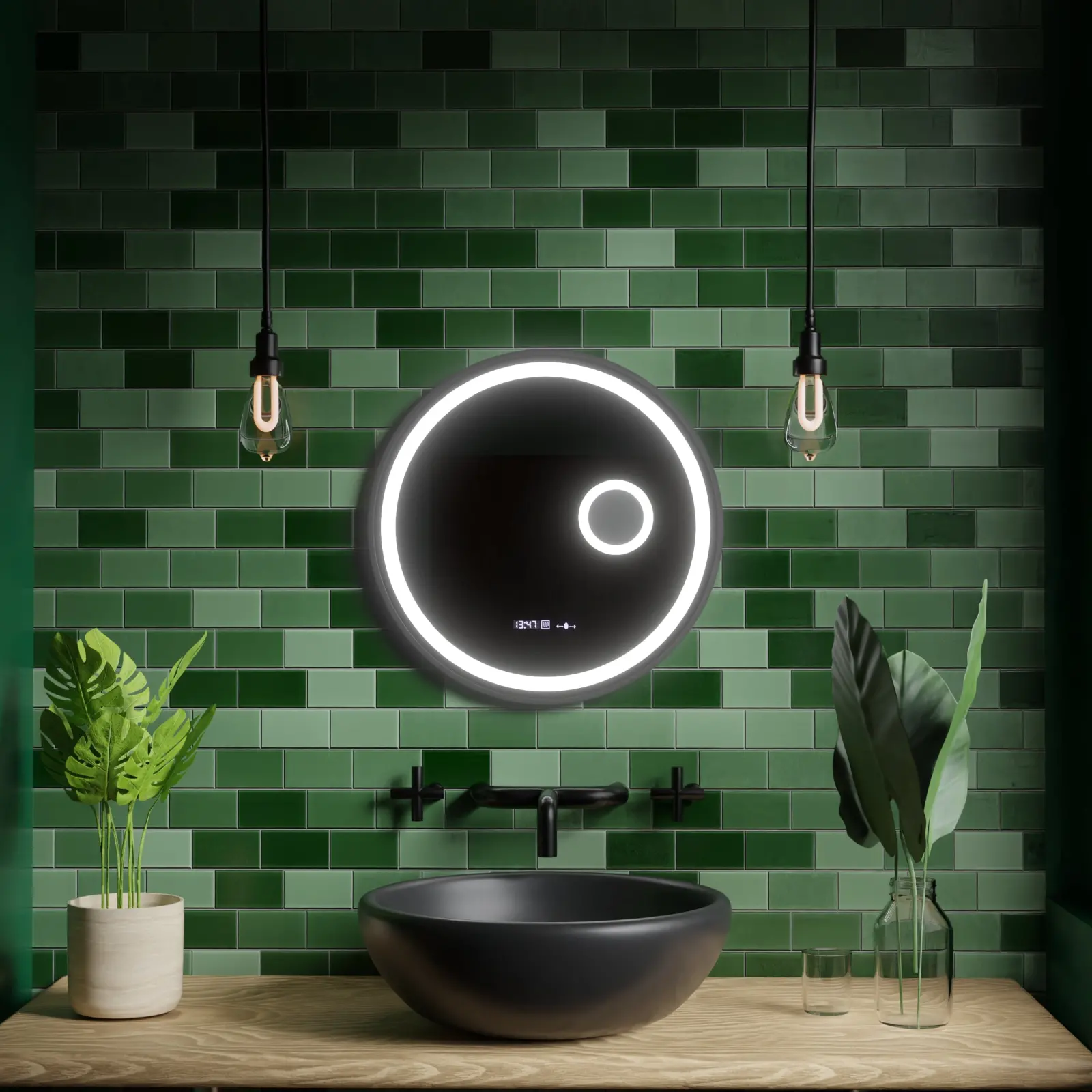 Oglinda LED Rotunda, 60cm, Micah Senzor MotionGlow Marcello, Sistem Dezaburire, Ceas & Termometru, Lupa Cosmetica, Dimabila