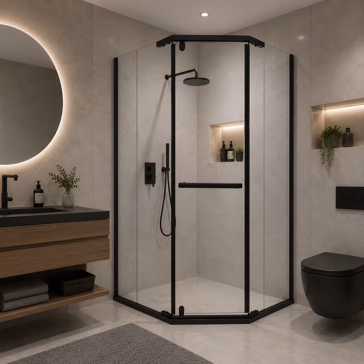 Paravan dus Walk-In 90x90x190 cm, sticla securizata 6 mm, profil metalic rezistent, Transparent si Negru