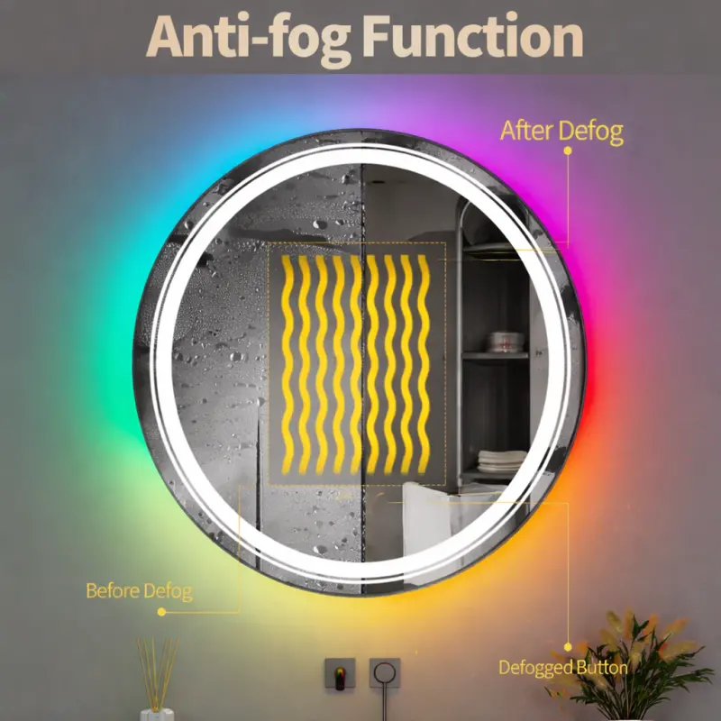 Previzualizare 2: Oglinda LED Rotunda, 60cm, Celeste MotionGlow Marcello, Lumina RGB, Boxa Bluetooth, Sistem Dezaburire, Ceas & Termometru, Dimabila 60X60BTRGB