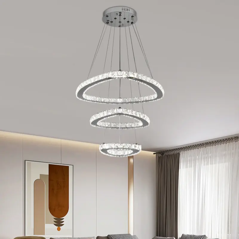 Lustra LED suspendata cu telecomanda si cristal PRISM LUMORA 63W, 3 Cercuri, lumina Rece/Calda/Neutra, Dimabila, Crom Lucios, Inaltime Reglabila