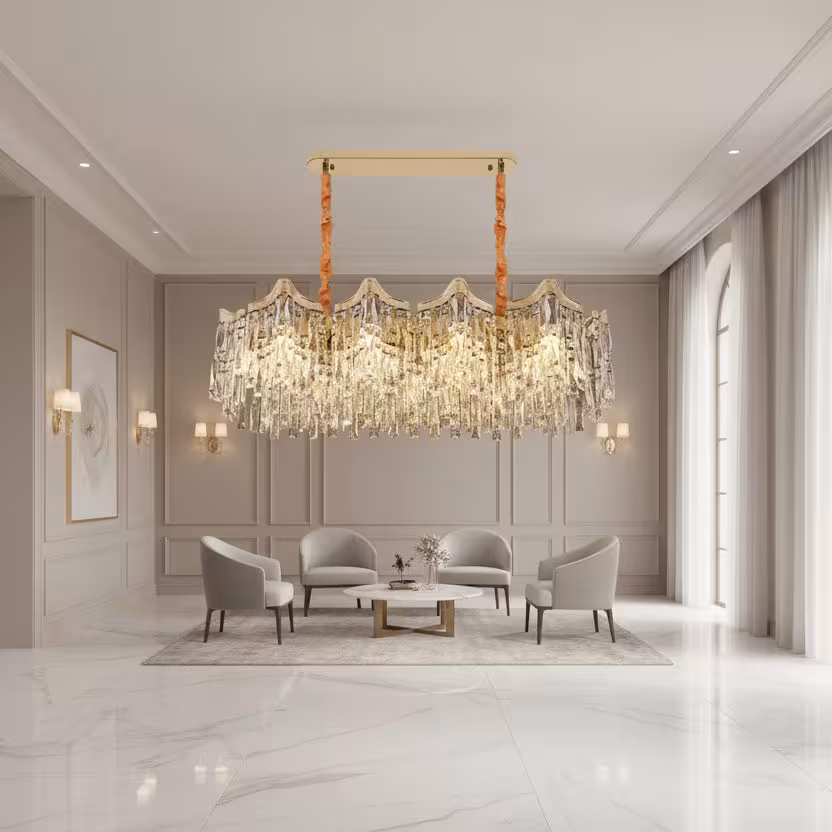 Candelabru Cristal VETRA Supremo 15xE14, 100x35 cm, Auriu, Inaltime Reglabila, Metal si Cristal