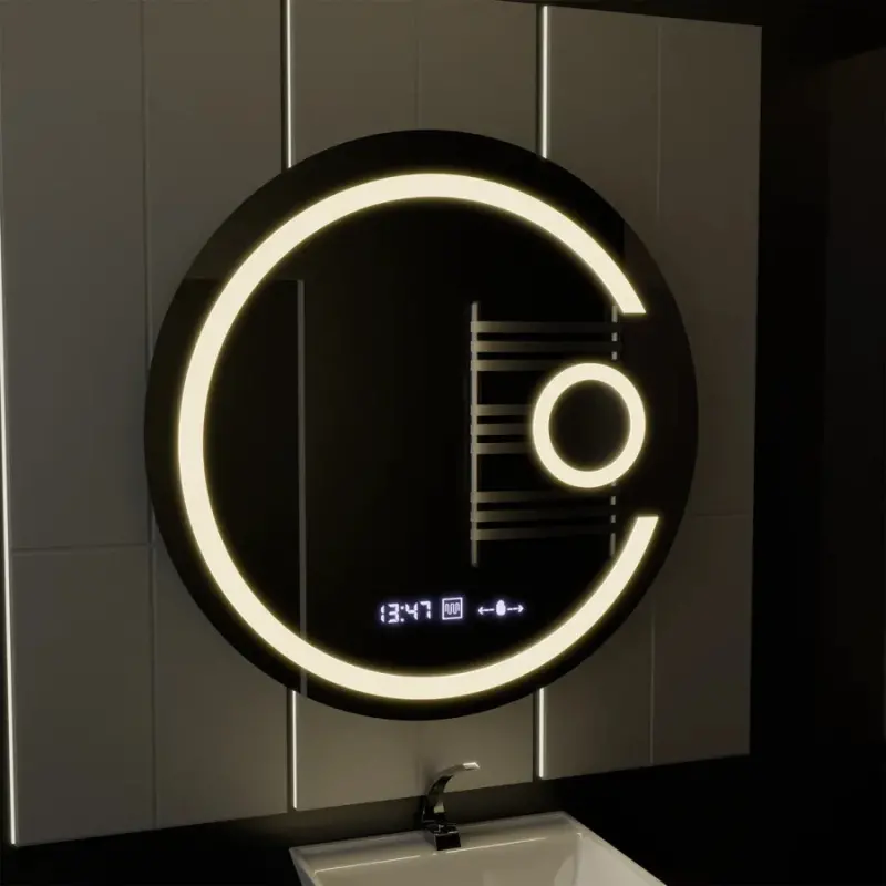 Previzualizare 4: Oglinda LED Rotunda, 22W, 70cm, Visio MotionGlow Marcello, Sistem Dezaburire, Ceas & Termometru, Lupa Cosmetica, Dimabila