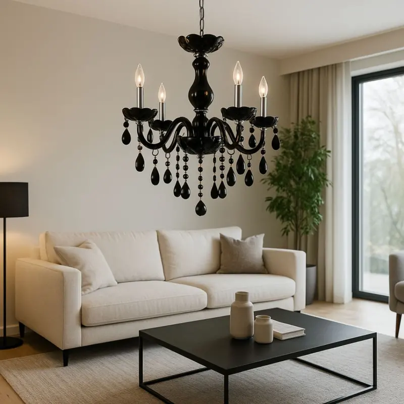 Candelabru Cristal ALNWICK Eleganza, 5xE14, Diametru 48cm, Negru, Inaltime Reglabila