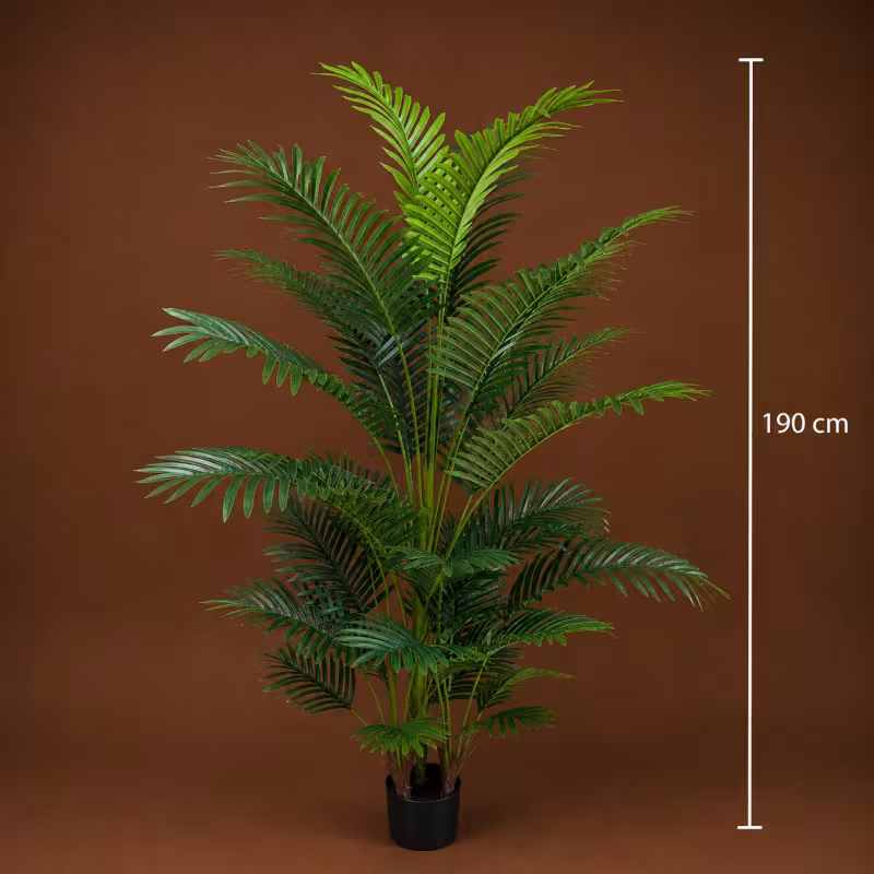 Previzualizare 4: Planta Artificiala Copac Tip Palmier Kentia, 3 tulpini, 30 frunze, 190 cm, Verde, cu Ghiveci