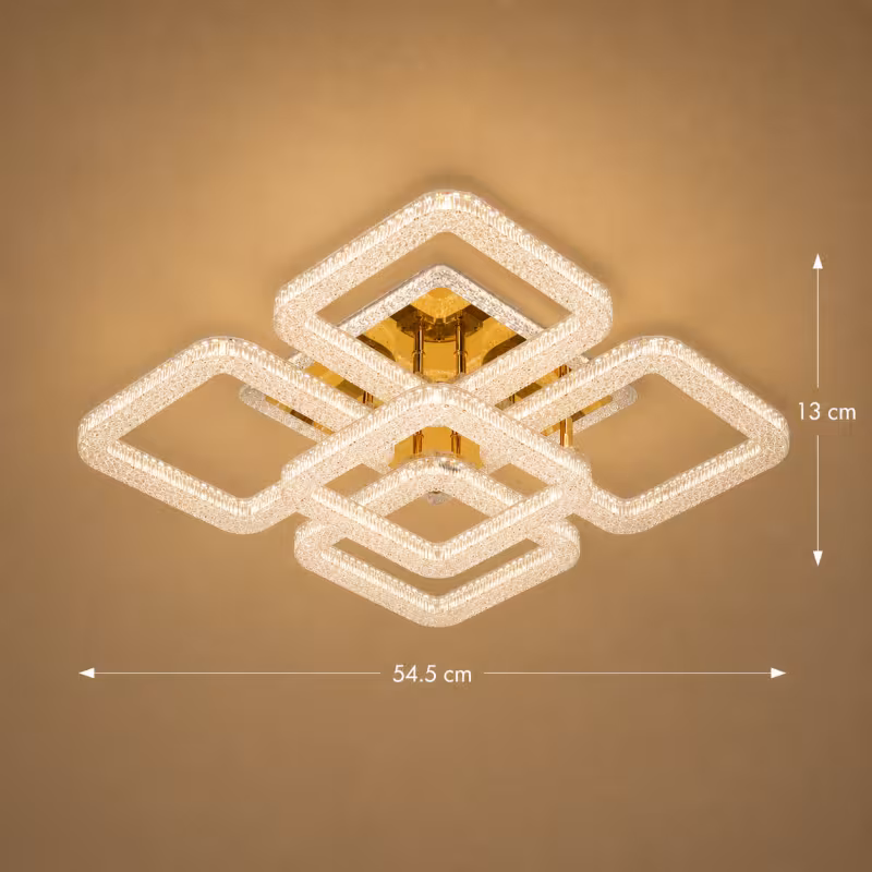 Previzualizare 4: Lustra LED RENATO Magno cu telecomanda si cristal, 118W, 5 Patrate, Lumina Rece/Calda/Neutra, Dimabila, Auriu