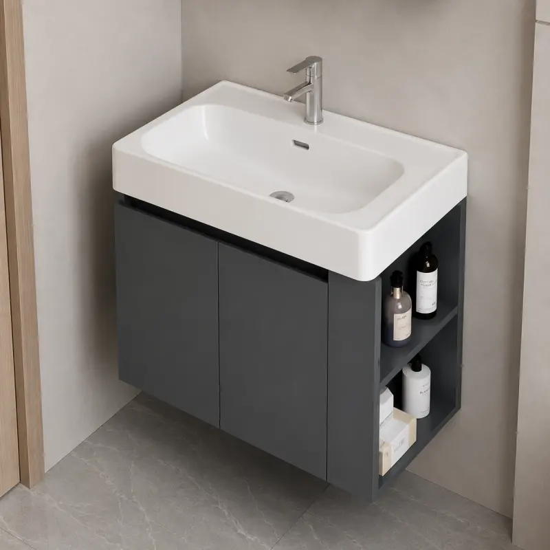 Previzualizare 3: Set Mobilier EVOQ pentru Baie ,Dulap Lavoar+Dulap Oglinda 80cm, 2 Piese, Gri si Alb