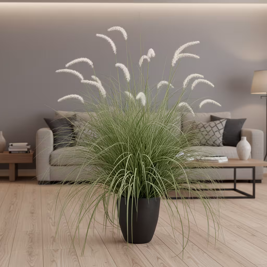 Planta Artificiala Iarba Ornamentala Tip Coada de Vulpe, 120cm, Iarba curbata si Spice, Verde si Alba, Fara Ghiveci