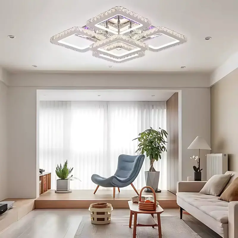 Previzualizare 3: Lustra LED cu telecomanda cu cristal QUADRIA SUPREMO RGB, 143W, 5 Patrate, lumina Rece/Calda/Neutra, Dimabila, Crom Lucios