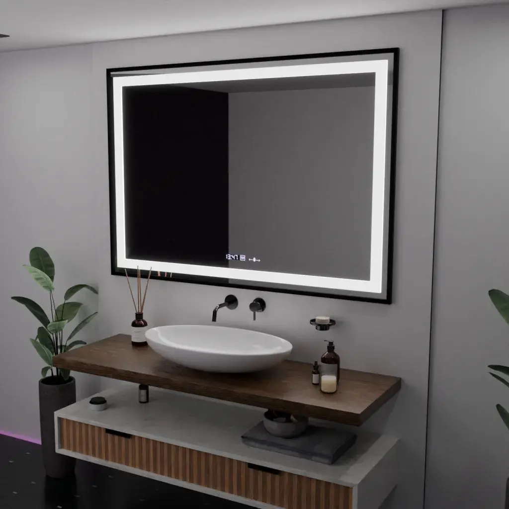 Oglinda LED Rectangulara, 100x70cm, Verite Majeste Noir Motion Glow Marcello, Sistem Dezaburire, Ceas & Termometru, Dimabila