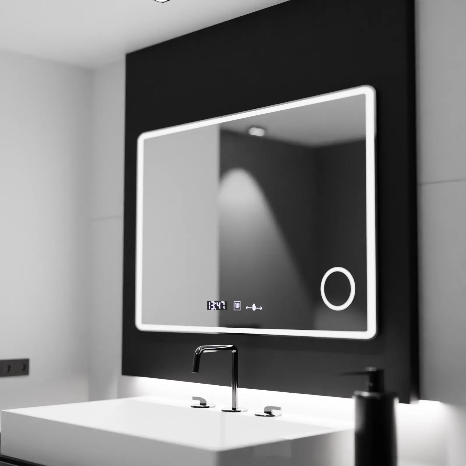 Oglinda LED Rectangulara 120x80 Aura Riflesso Puro MotionGlow Marcello, Sistem Dezaburire, Termometru si Ceas, Dimabila