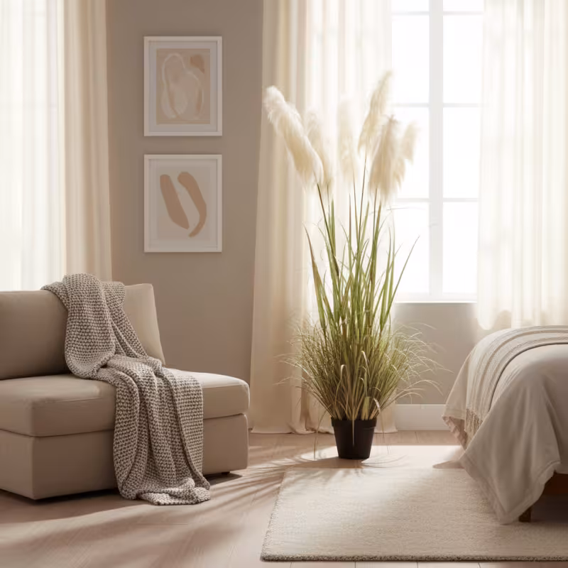 Planta Artificiala Iarba Ornamentala, 180cm, cu 5 fire, Stuf si Iarba, Verde si Roz, Fara Ghiveci