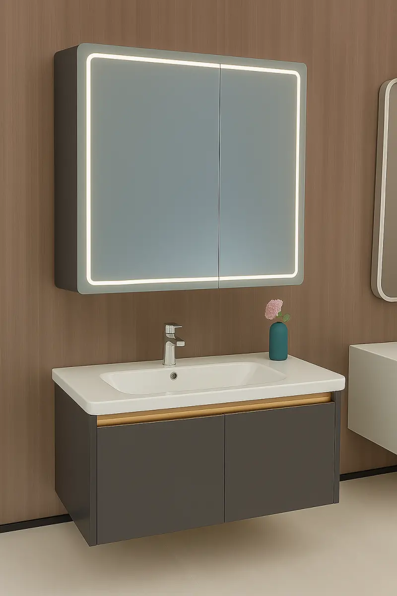 Previzualizare 2: Oglinda LED cu Dulap de Baie si Lavoar Suspendat, 80x60 cm, Design Modern, Iluminare Integrata