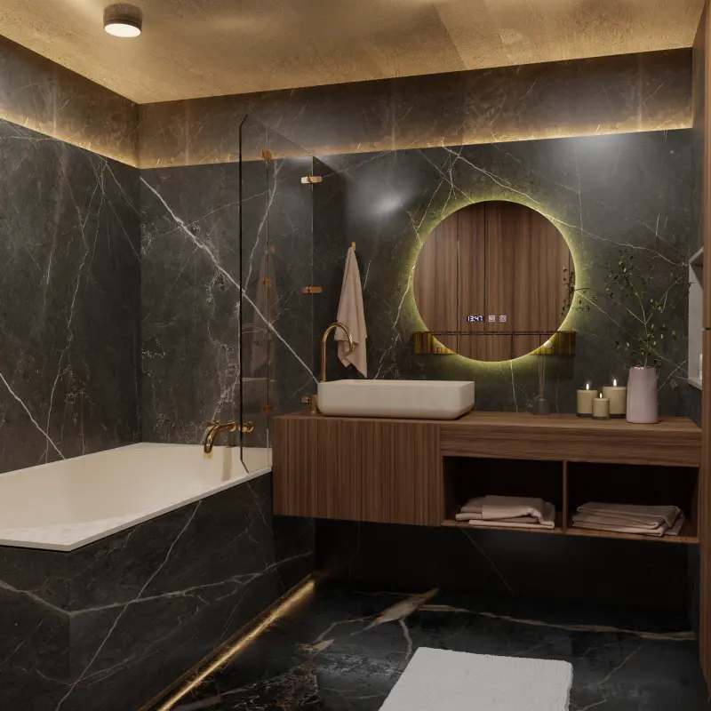 Previzualizare 4: Oglinda LED Touch Alfred Sistem Dezaburire, Ceas si Temperatura 60x60 cm Cu Suport Integrat