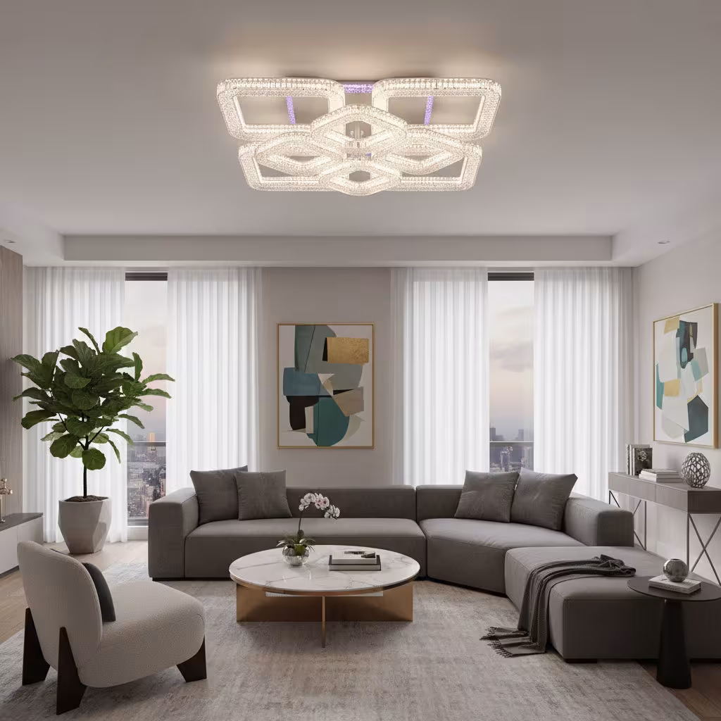 Lustra LED RENATO cu telecomanda si cristal, 128W, 8 Patrate, Lumina Rece/Calda/Neutra, Dimabila, Alb