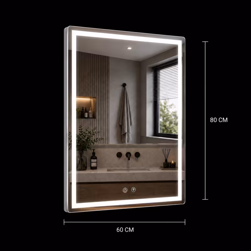 Previzualizare 3: Oglinda LED WAMOSK, 60x80cm, Alb, Senzor, Lumina 3000K, 4000K, 6000K, Sistem Dezaburire, Metal, Functii Ceas si Temperatura