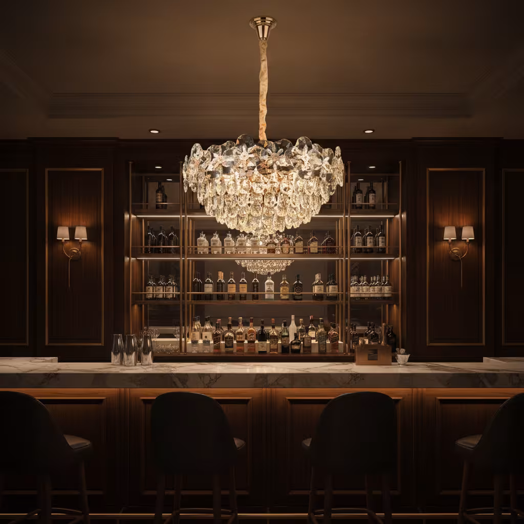 Candelabru Cristal JARDIN Magno 14xE14, Diametru 60cm, Inaltime 35cm, Auriu Lucios, Inaltime Reglabila, Design Elegant
