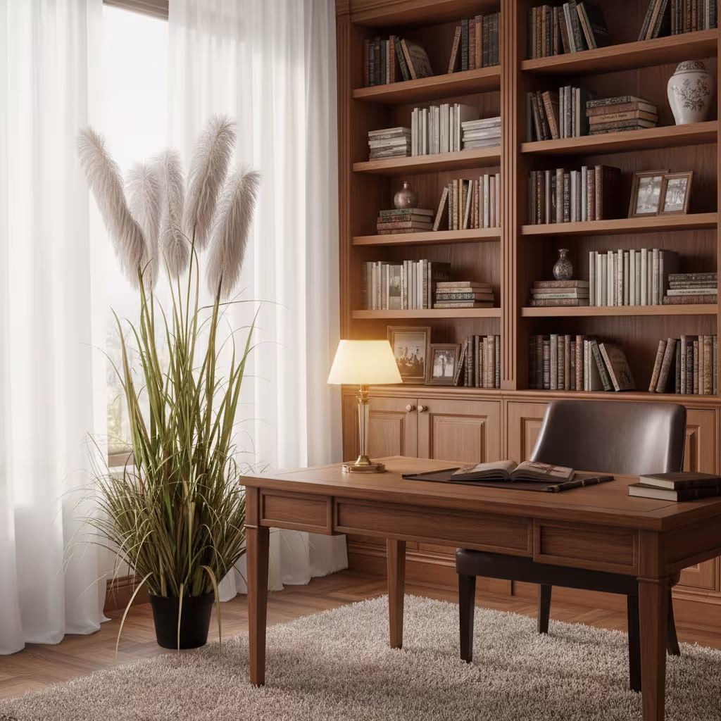 Planta Artificiala Iarba Ornamentala, 180cm, cu 5 fire, Stuf si Iarba, Verde si Gri, Fara Ghiveci