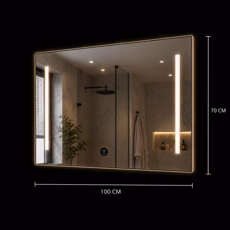 Previzualizare 3: Oglinda LED SLUPSK, 100x70cm, Gri, Comutator rotativ inteligent cu afisaj RGB, CCT reglabil 3000K–6000K, Metal, Functii Ceas