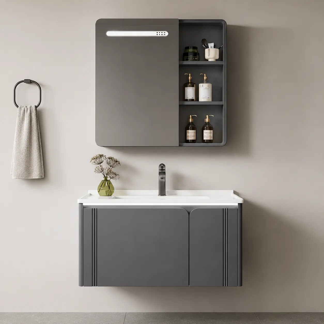 Set Mobilier ORIA pentru Baie, Dulap Lavoar+Dulap Oglinda 60cm, 2 Piese, Gri si Alb