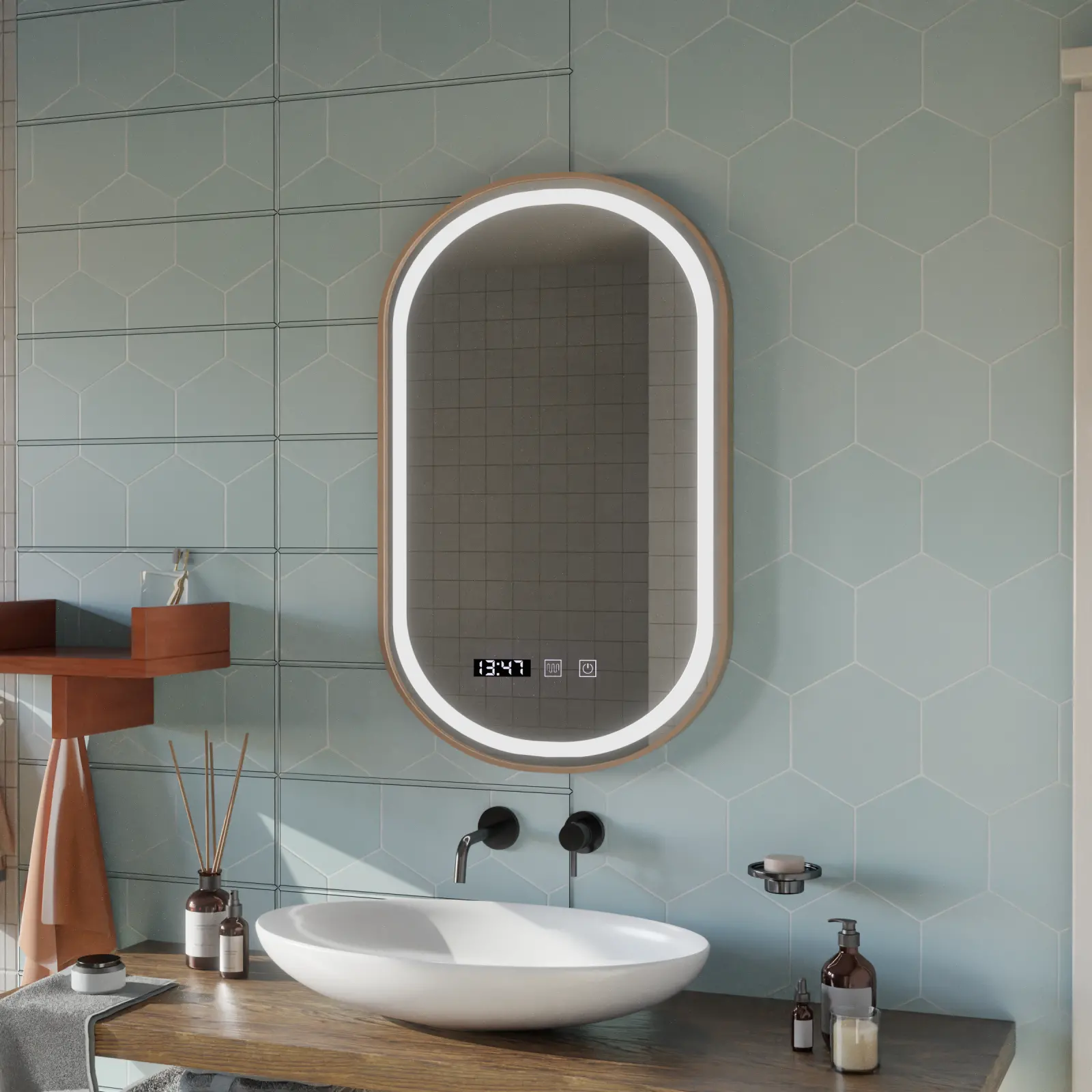 Oglinda LED Touch Konrad Sistem Dezaburire, Ceas si Temperatura 50x80 cm Rama Auriu Brushed, Lumina Calda Neutra Rece 3000K/4000K/6000K