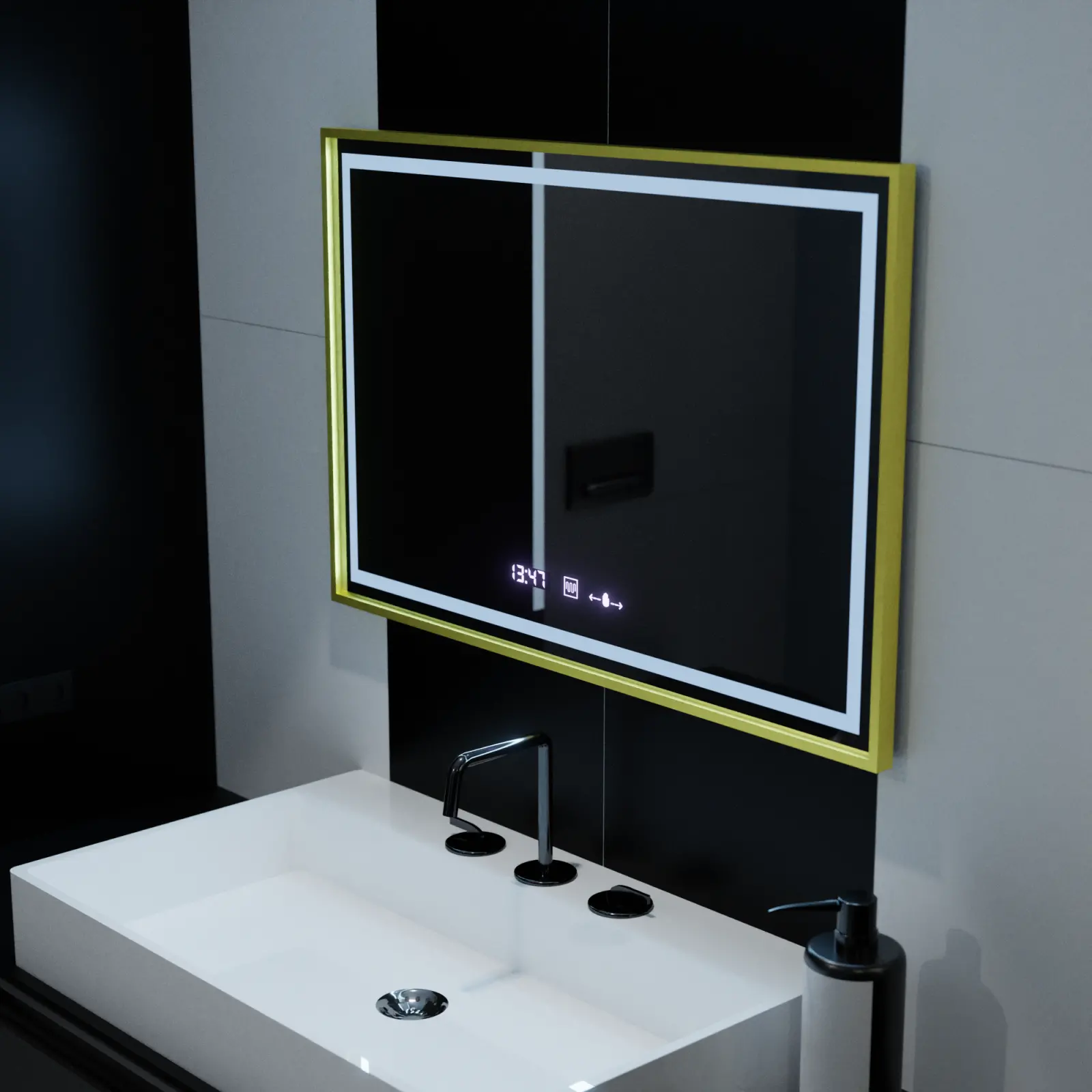 Oglinda LED Rectangulara, 100x65cm, Verite Royale Gold Motion Glow Marcello, Sistem Dezaburire, Ceas & Termometru, Dimabila