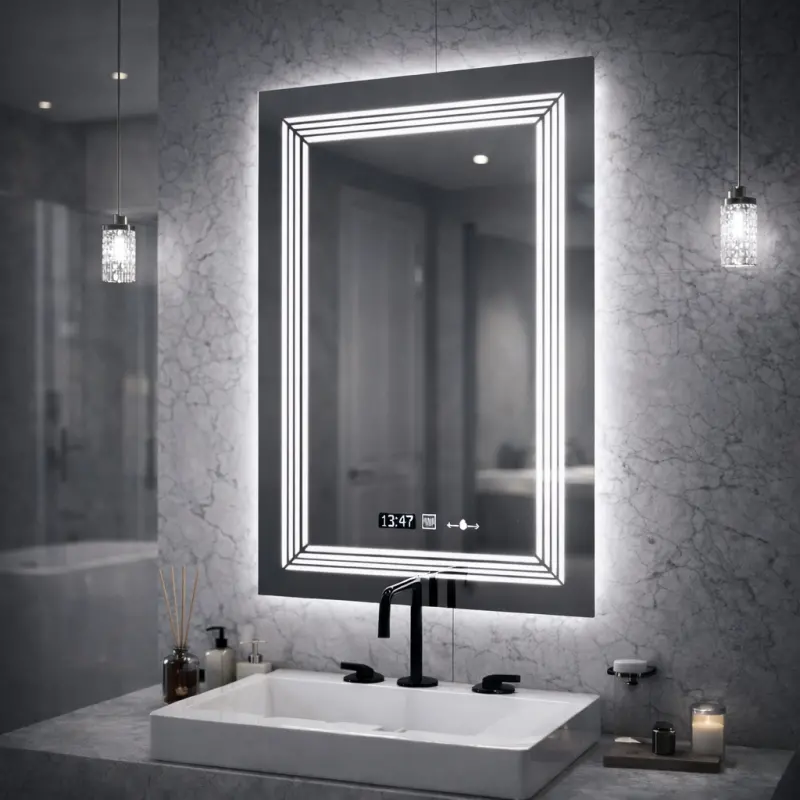 Oglinda LED Rectangulara, 60x80cm, Venezia Senzor MotionGlow Marcello, Sistem Dezaburire, Ceas & Termometru, Dimabila, Lumina Calda Neutra Rece 3000K/4000K/6000K