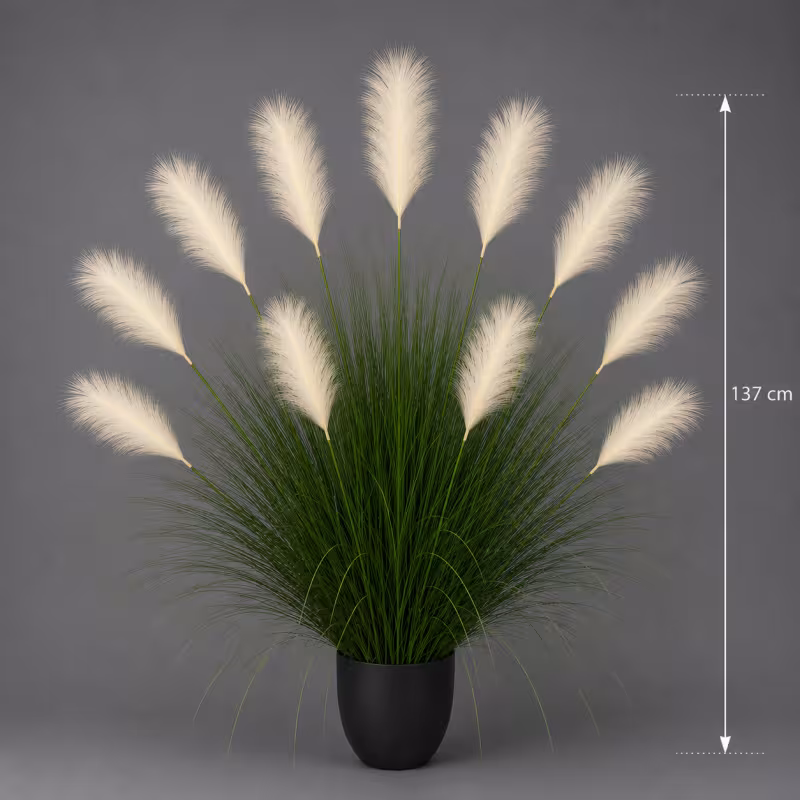 Previzualizare 2: Planta Artificiala Iarba Ornamentala, 137 cm, 11 tulpini, Stuf si Iarba, Verde deschis si Alb, Fara Ghiveci
