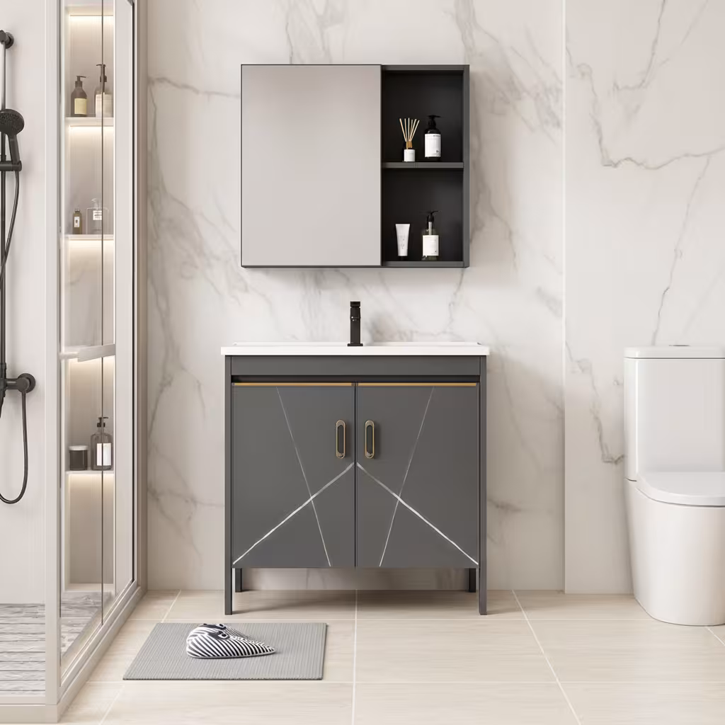 Set Mobilier SIENA pentru Baie ,Dulap Lavoar+Dulap Oglinda 100cm, 2 Piese, Gri si Negru