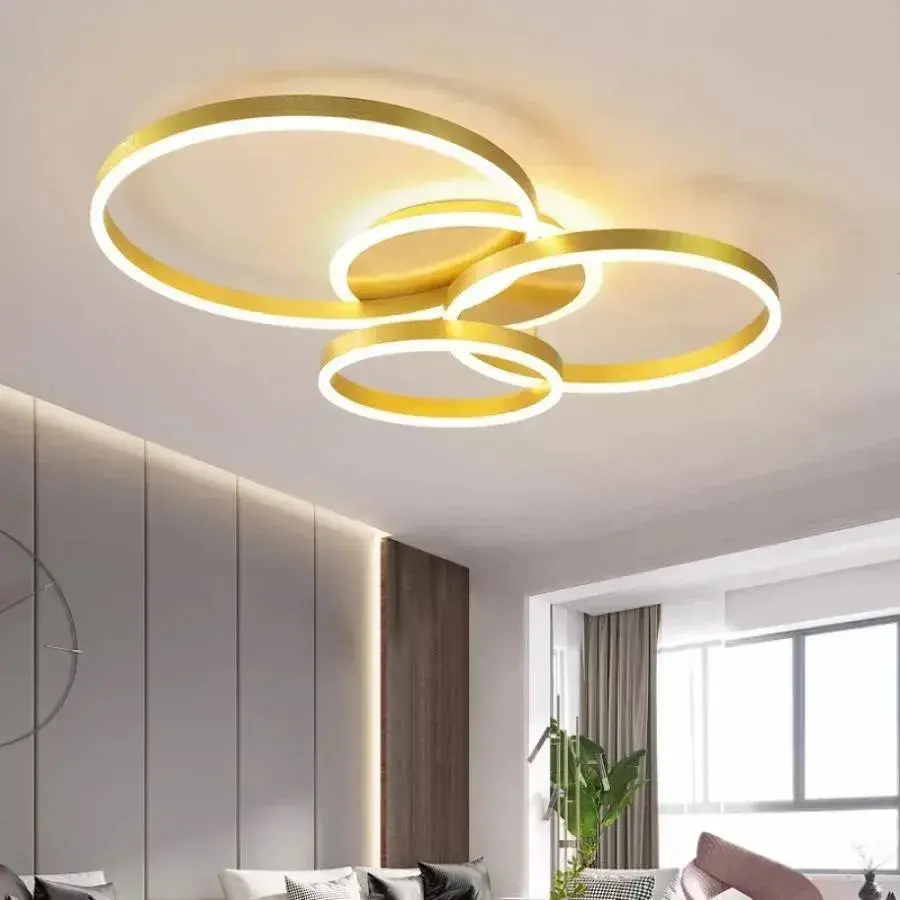 Lustra LED cu telecomanda LYRA 100W, 3 Cercuri, lumina Rece/Calda/Neutra, Dimabila, Auriu Periat