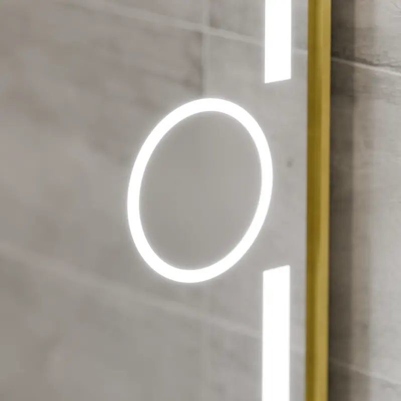 Previzualizare 4: Oglinda LED Rectangulara, 110x65cm, Eclat MotionGlow Marcello, Sistem Dezaburire, Ceas & Termometru, Lupa Cosmetica, Dimabila, Rama Auriu Brushed