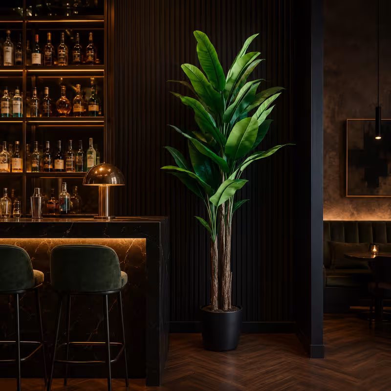 Previzualizare 2: Planta Artificiala Copac Tip Bananier, 190 cm, 3 tulpini, 27 frunze, Verde, cu Ghiveci