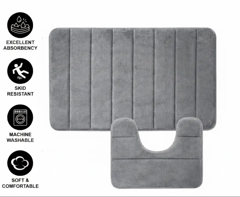 Previzualizare 2: Covorase de Baie, 80x50 cm / 50x40 cm, Gri, Antiderapant, Absorbant, Set 2 bucati