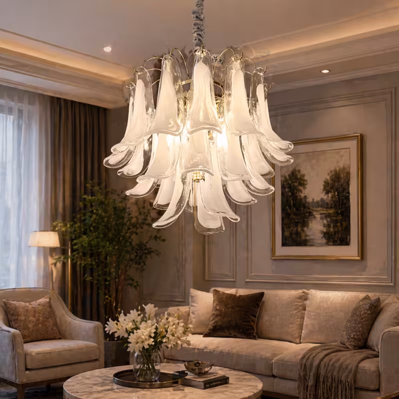 Candelabru Cristal MURANO Eleganza 4xE14, D50 cm, Alb, Inaltime Reglabila, Metal si Cristal