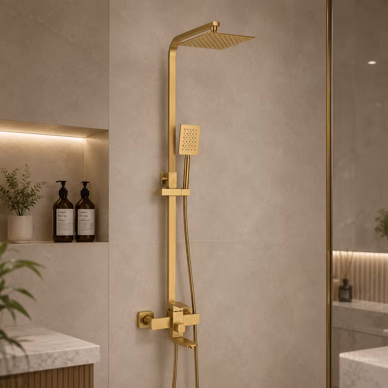 SET Coloana de dus cu baterie, Inox, Para patrata, Efect ploaie, 3 functii, Montare pe perete, Finisaj Auriu Periat, Accesorii Incluse