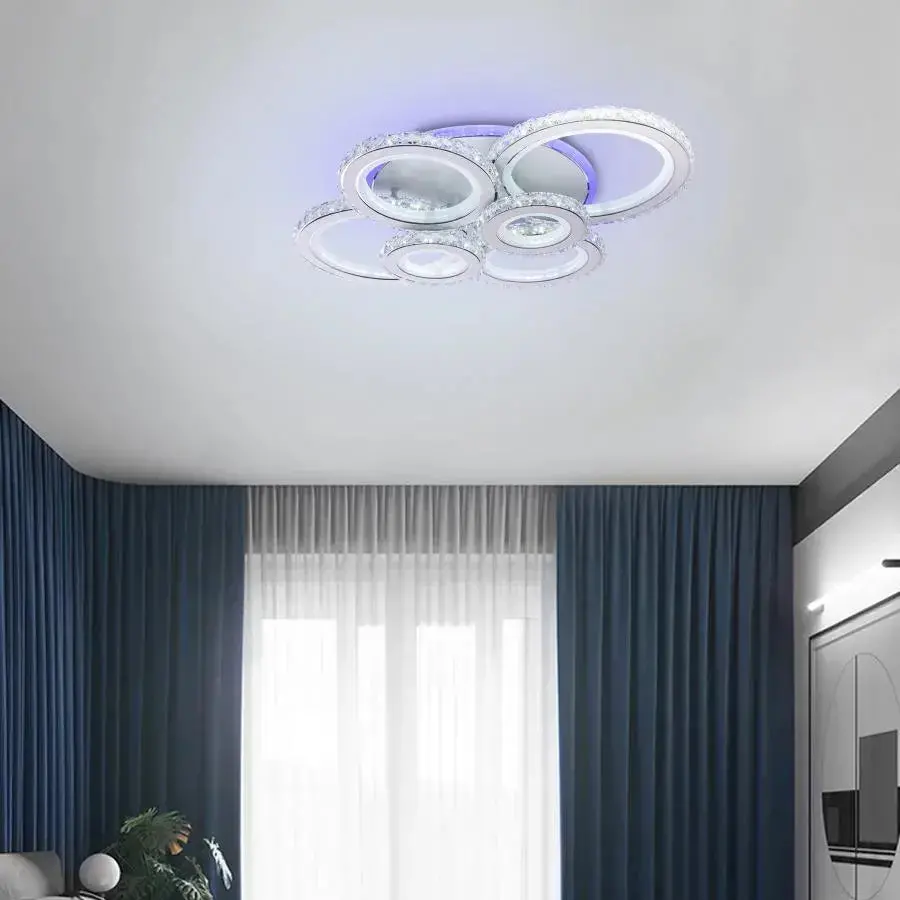 Lustra LED cu telecomanda si cristal NOVA ROTONDA RGB 145W, 6 Cercuri, lumina Rece/Calda/Neutra, Dimabila, Alb