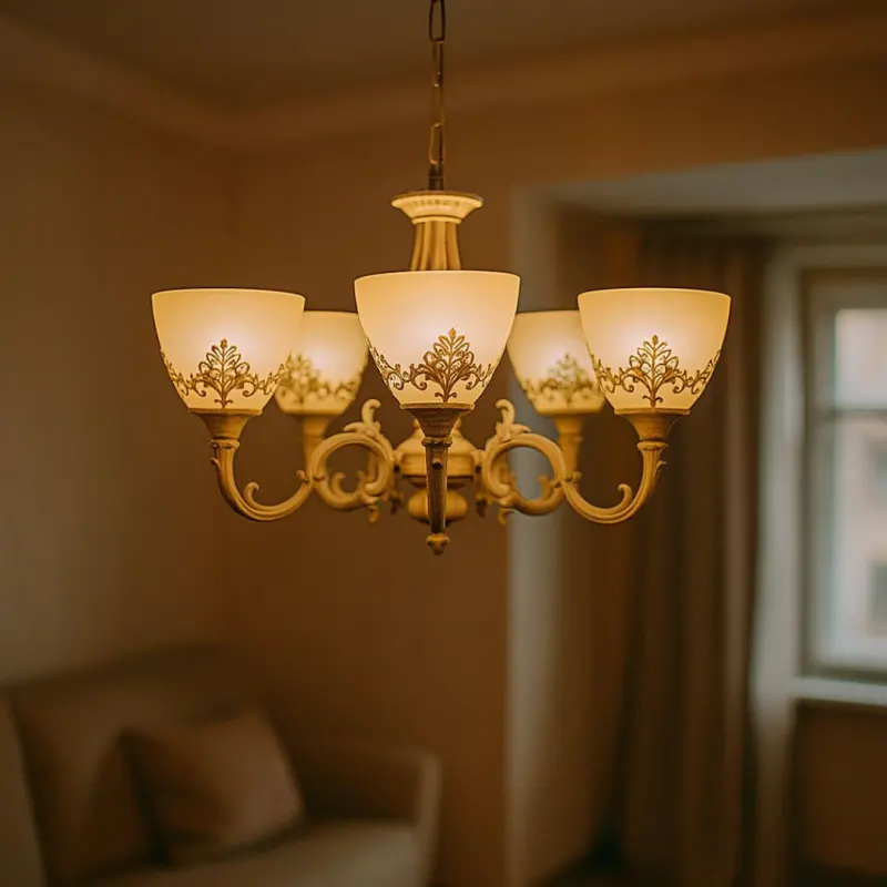 Previzualizare 3: Lustra VINTAGE, tip Pendul cu brate, COTTAGE, Circulara, 5xE27, Sticla si Metal, Alb