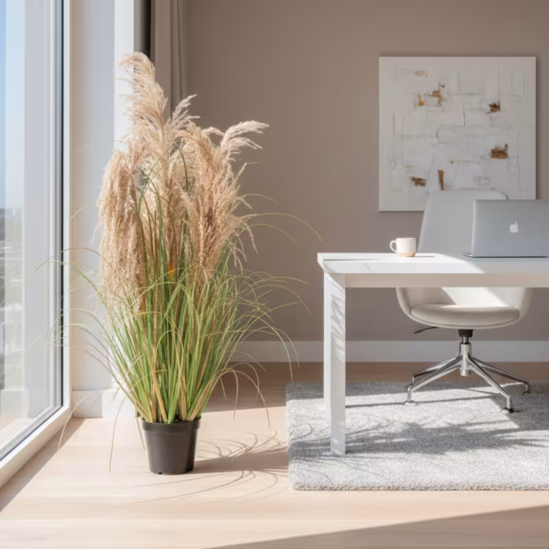 Planta Artificiala Iarba Ornamentala, 90 cm, cu 5 Fire, Stuf si Iarba, Verde Tomnal, Fara Ghiveci